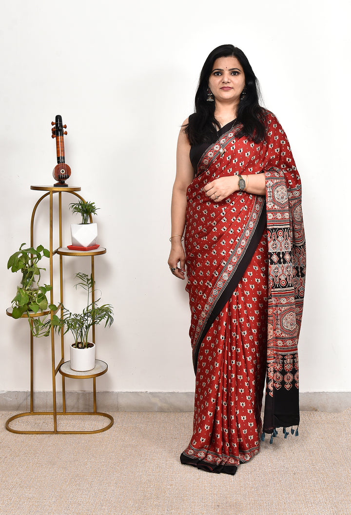 EKISHA : AJRAKH HANDBLOCK MODAL SILK SAREE