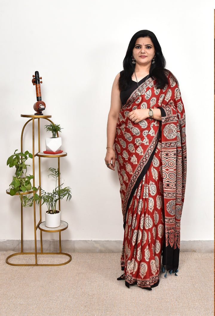 GOPALI : AJRAKH HANDBLOCK MODAL SILK SAREE