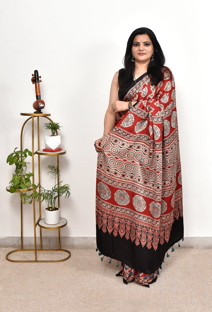 GOPALI : AJRAKH HANDBLOCK MODAL SILK SAREE