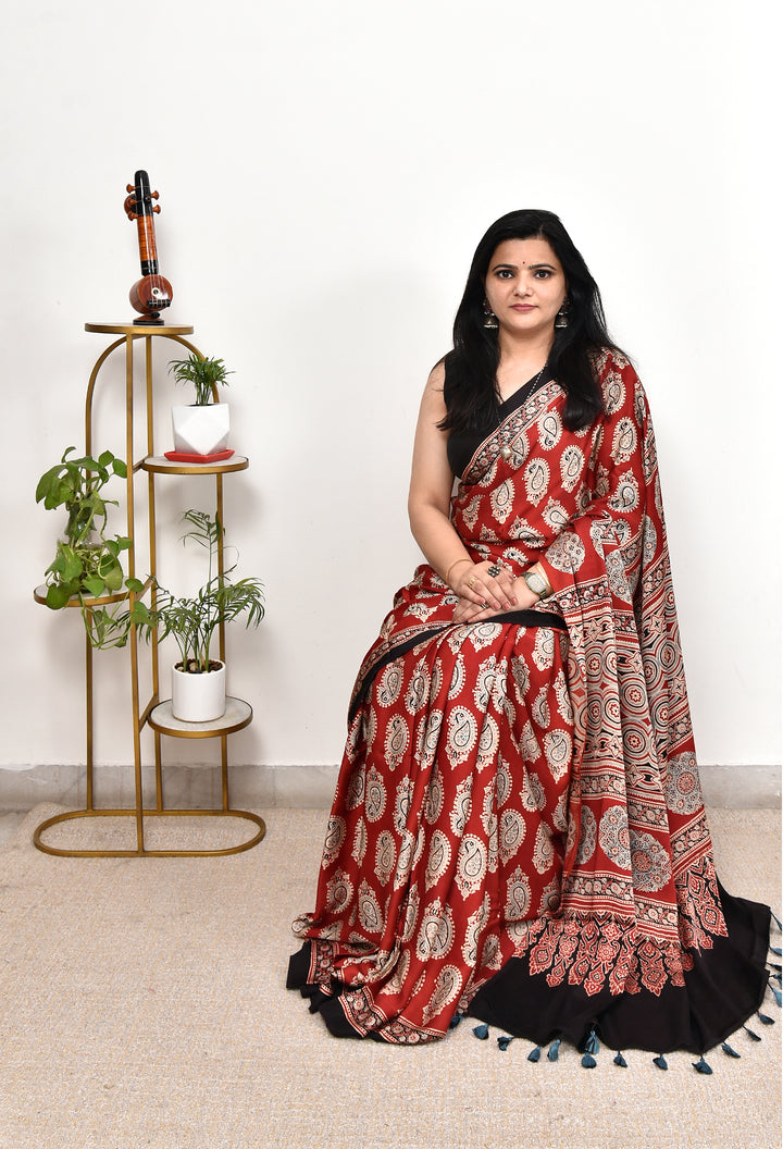 GOPALI : AJRAKH HANDBLOCK MODAL SILK SAREE