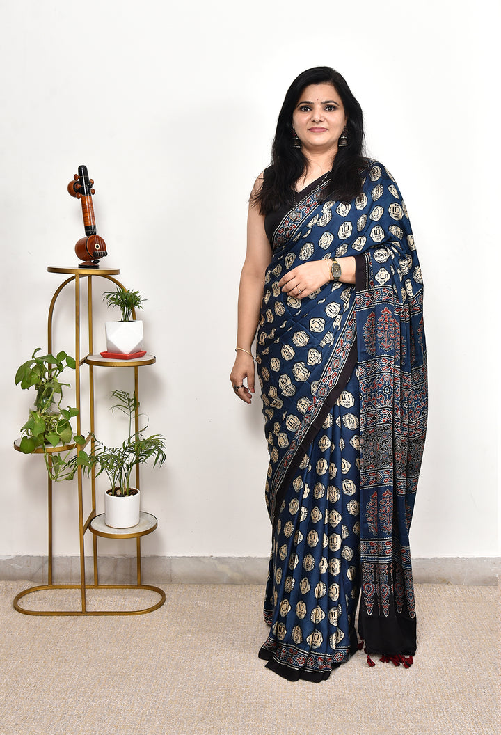 NAIMA : AJRAKH HANDBLOCK MODAL SILK SAREE
