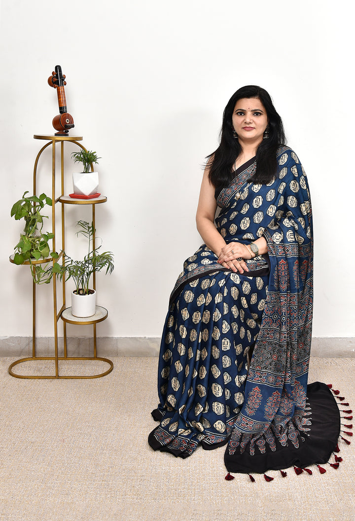 NAIMA : AJRAKH HANDBLOCK MODAL SILK SAREE