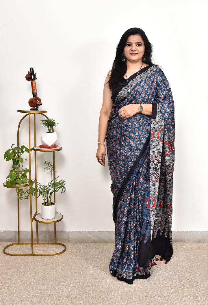 TUPKI : AJRAKH HANDBLOCK MODAL SILK SAREE