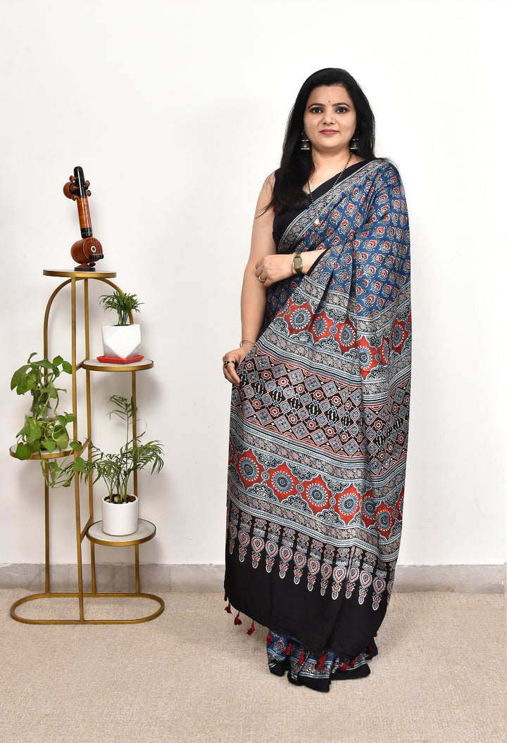 TUPKI : AJRAKH HANDBLOCK MODAL SILK SAREE