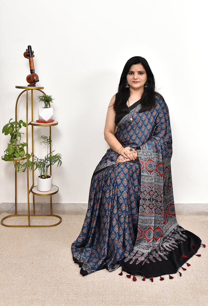 TUPKI : AJRAKH HANDBLOCK MODAL SILK SAREE