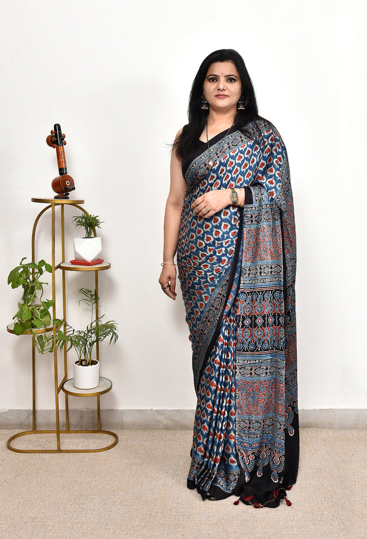 ELORAA: AJRAKH HANDBLOCK MODAL SILK SAREE