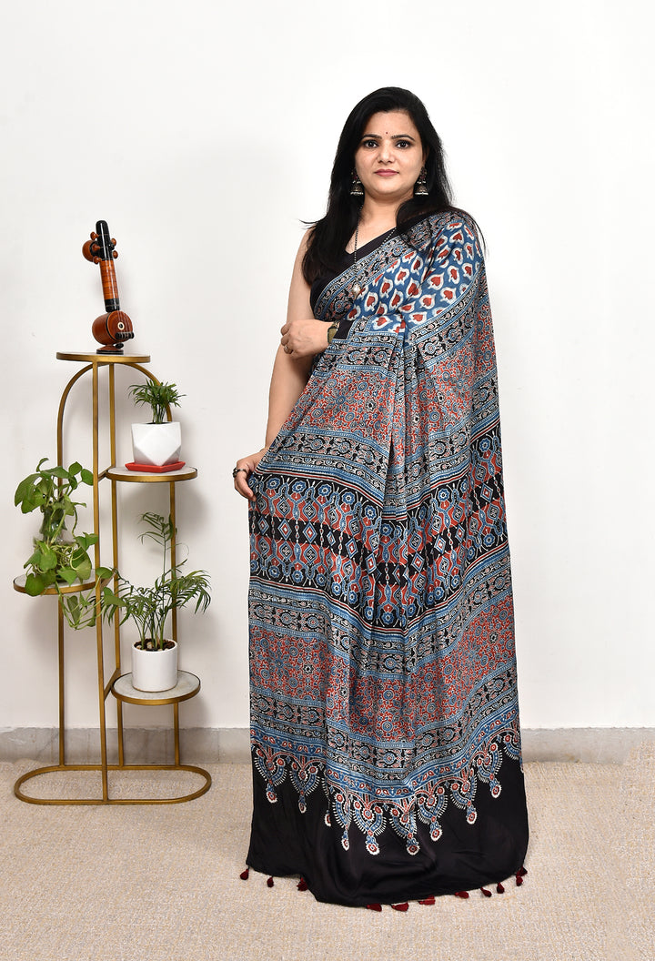 ELORAA: AJRAKH HANDBLOCK MODAL SILK SAREE