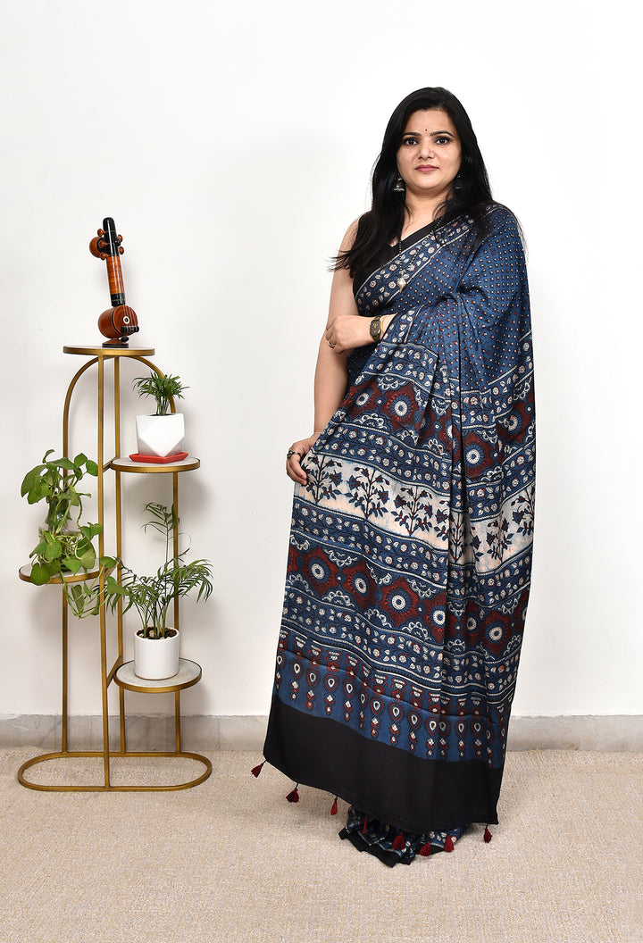 YAHVI : AJRAKH HANDBLOCK MODAL SILK SAREE