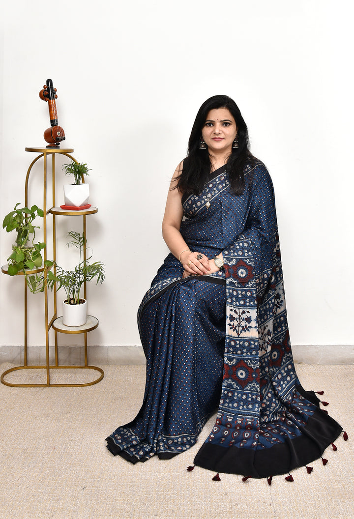 YAHVI : AJRAKH HANDBLOCK MODAL SILK SAREE
