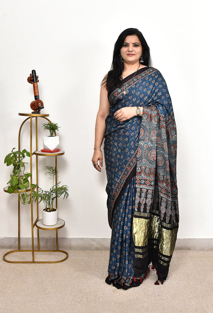JYOTIRMAY : AJRAKH HANDBLOCK MODAL SILK SAREE WITH TISSUE PALLU