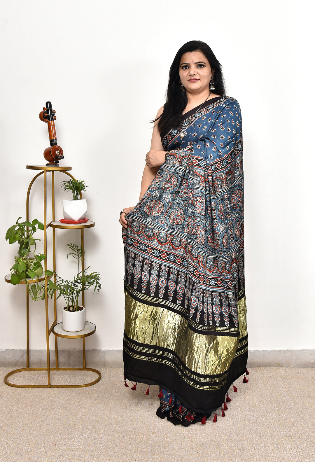 JYOTIRMAY : AJRAKH HANDBLOCK MODAL SILK SAREE WITH TISSUE PALLU