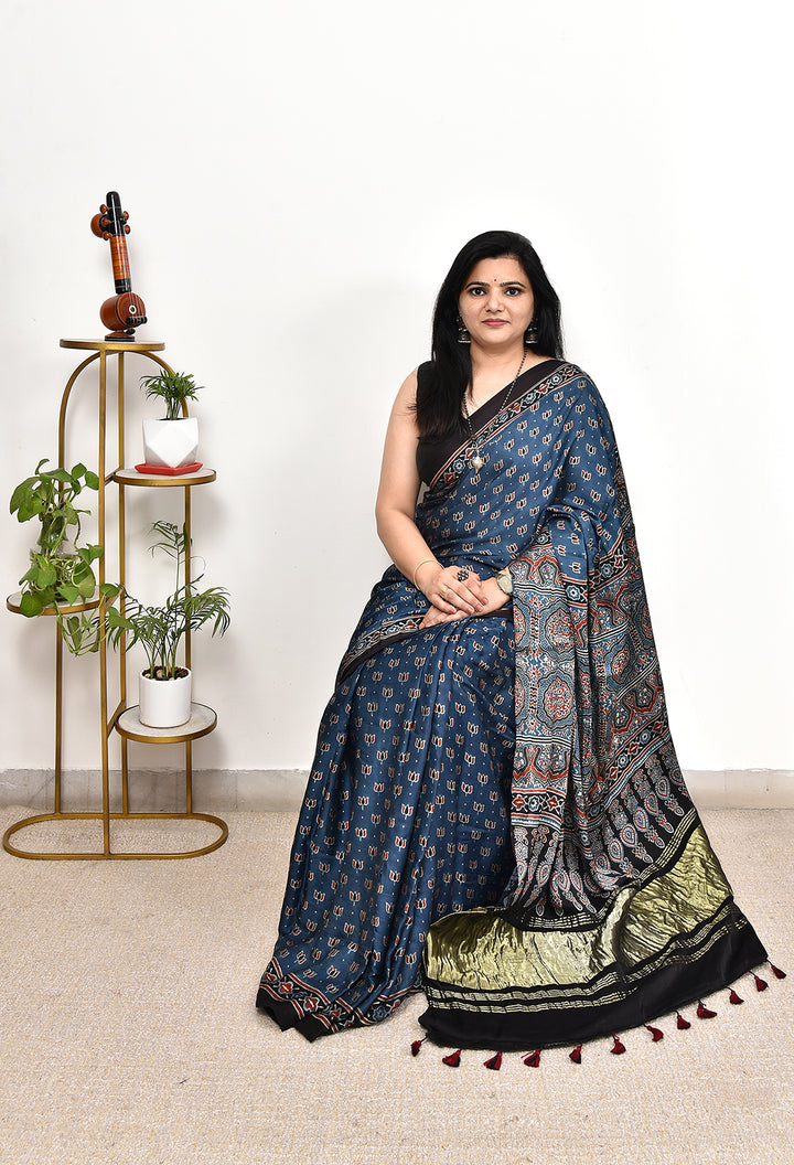 JYOTIRMAY : AJRAKH HANDBLOCK MODAL SILK SAREE WITH TISSUE PALLU