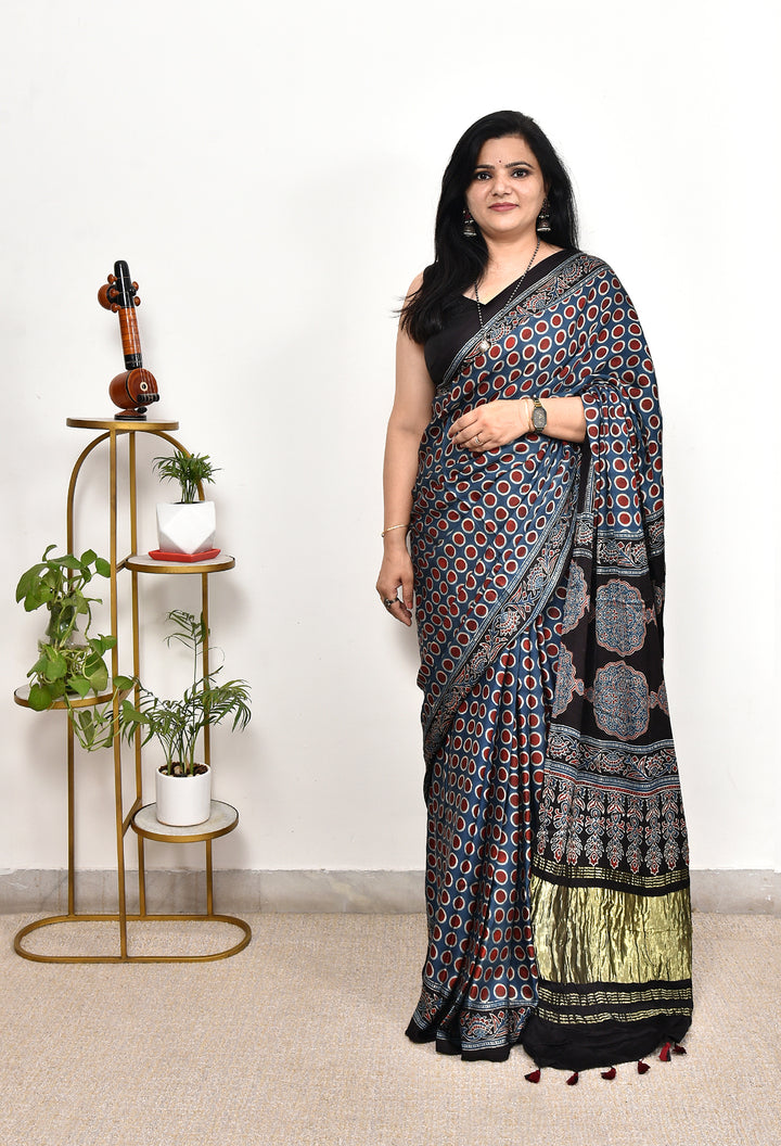 KUMARII : AJRAKH HANDBLOCK MODAL SILK SAREE WITH TISSUE PALLU