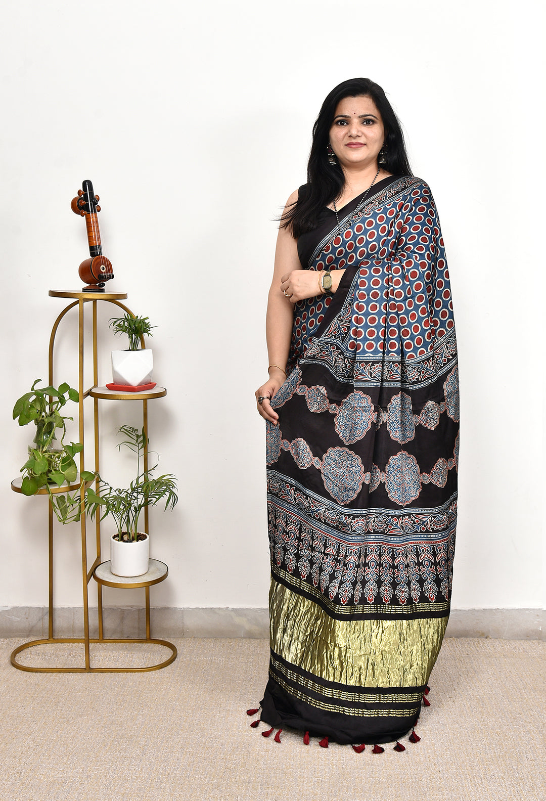 KUMARII : AJRAKH HANDBLOCK MODAL SILK SAREE WITH TISSUE PALLU