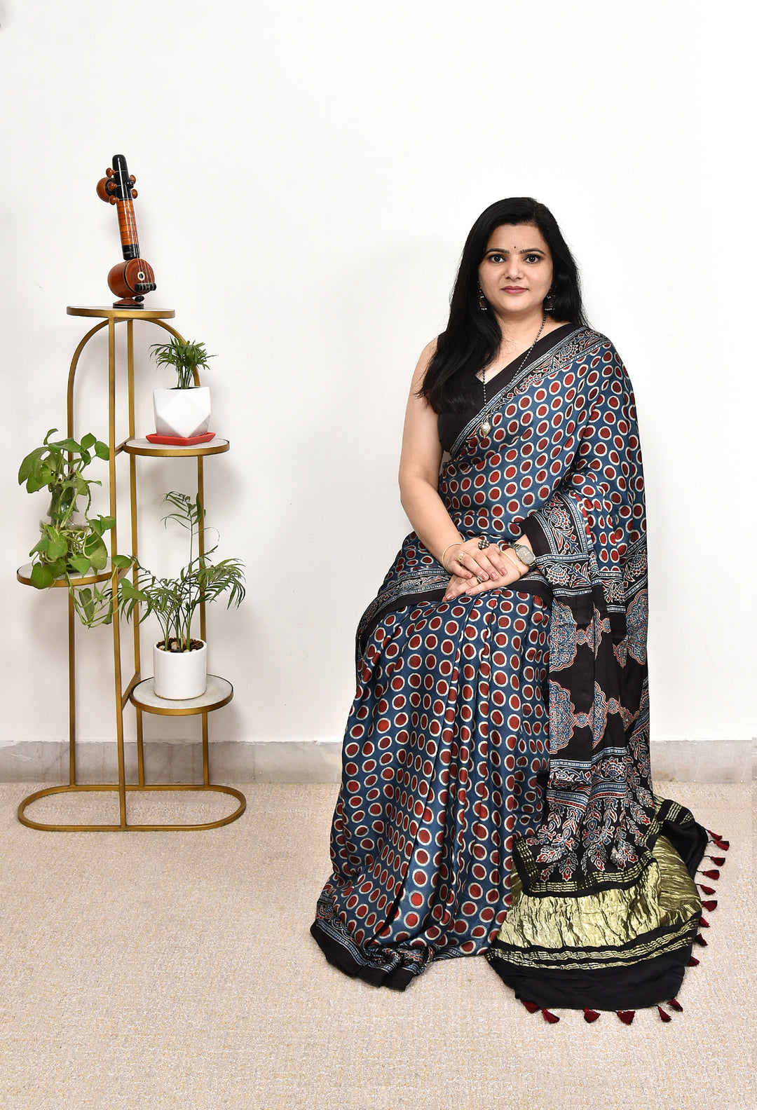 KUMARII : AJRAKH HANDBLOCK MODAL SILK SAREE WITH TISSUE PALLU