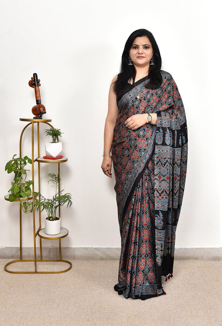 BAHAAR : AJRAKH HANDBLOCK MODAL SILK SAREE