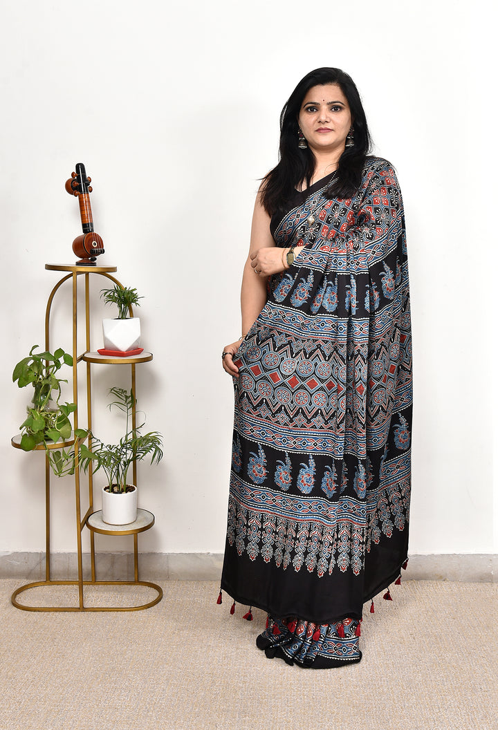 BAHAAR : AJRAKH HANDBLOCK MODAL SILK SAREE