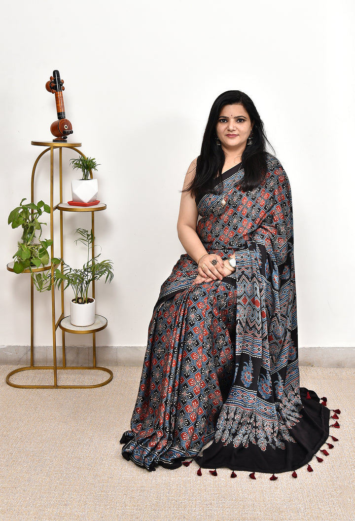BAHAAR : AJRAKH HANDBLOCK MODAL SILK SAREE