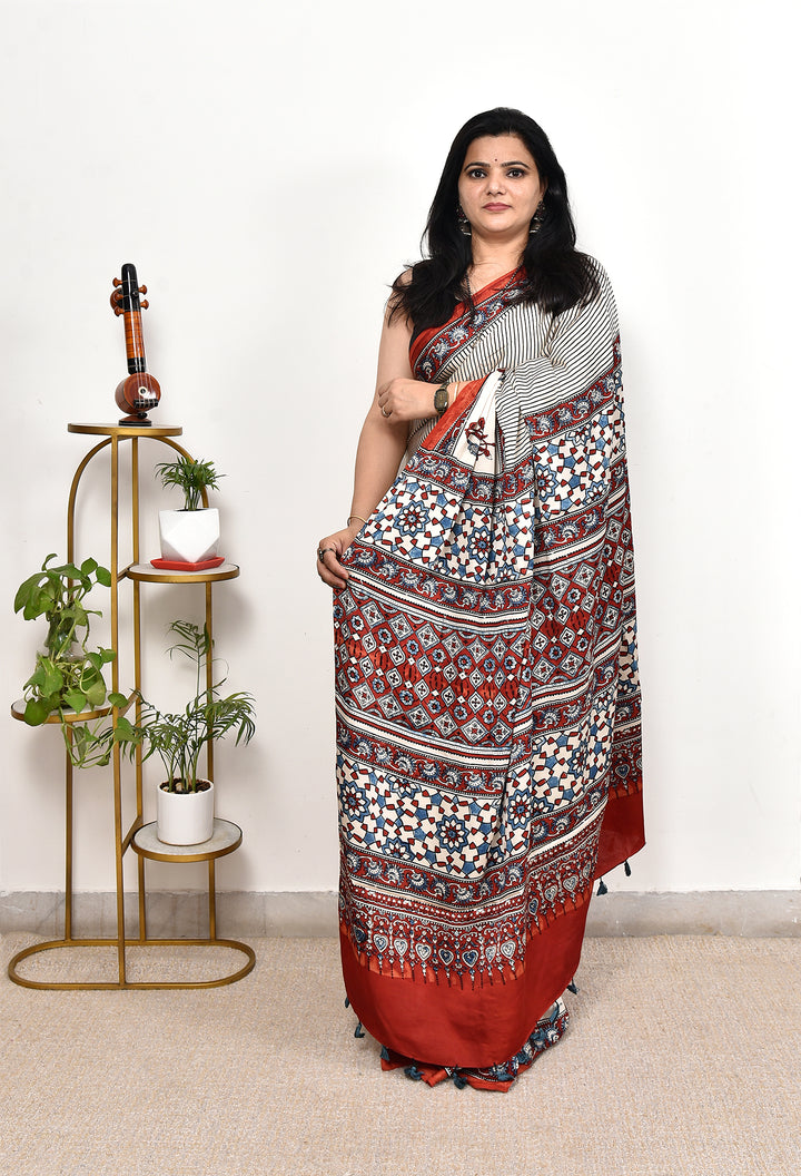 VEDAKSHI : AJRAKH HANDBLOCK MODAL SILK SAREE