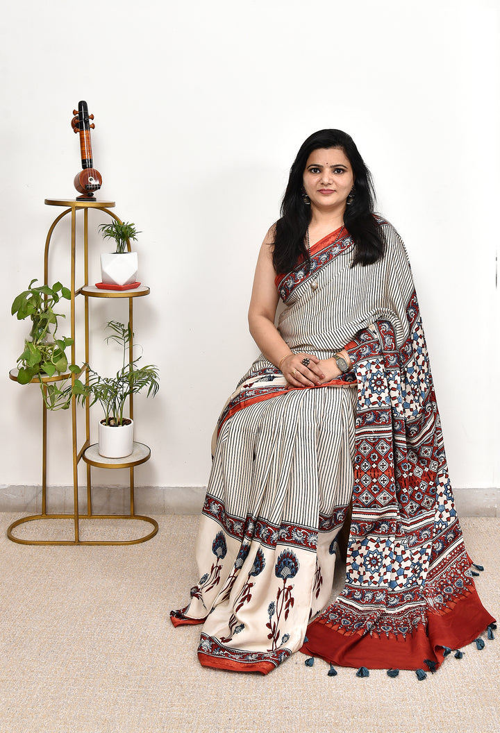 VEDAKSHI : AJRAKH HANDBLOCK MODAL SILK SAREE