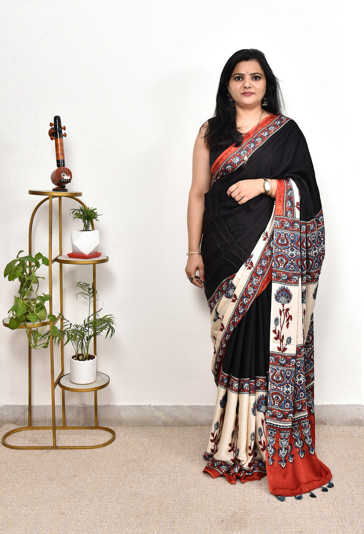 PUJASVI  : AJRAKH HANDBLOCK MODAL SILK SAREE