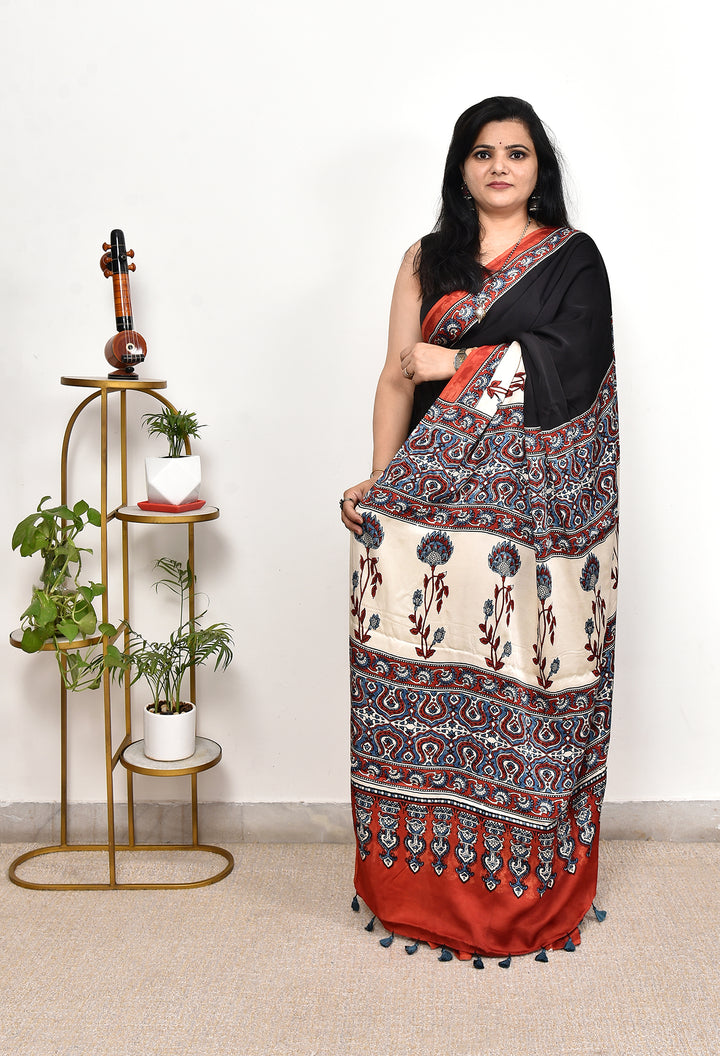 PUJASVI  : AJRAKH HANDBLOCK MODAL SILK SAREE