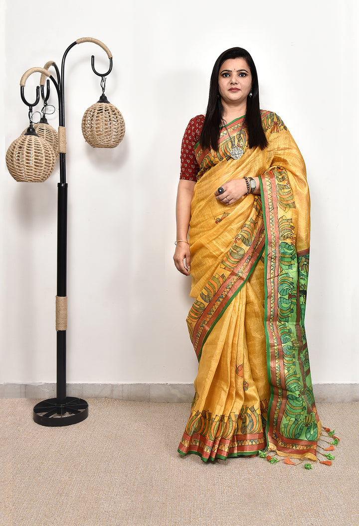VELJI  : MADHUBANI HAND PAINTED TISSUE LINEN SAREE