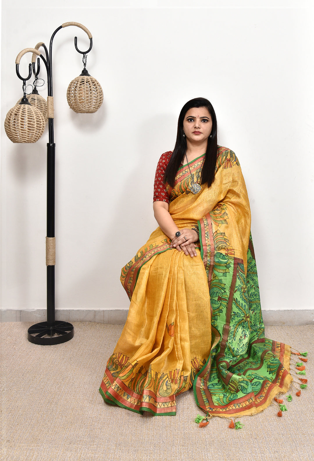 VELJI  : MADHUBANI HAND PAINTED TISSUE LINEN SAREE