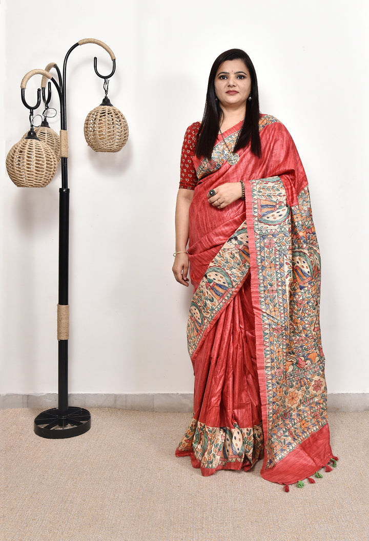 ZAIRA : MADHUBANI HAND PAINTED PURE GHICHA TUSSAR SILK SAREE