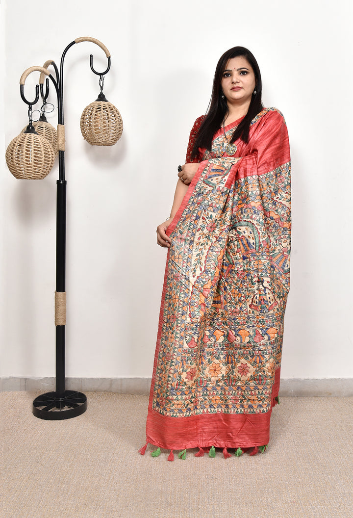 ZAIRA : MADHUBANI HAND PAINTED PURE GHICHA TUSSAR SILK SAREE