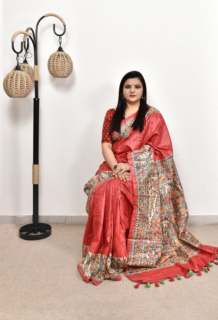 ZAIRA : MADHUBANI HAND PAINTED PURE GHICHA TUSSAR SILK SAREE