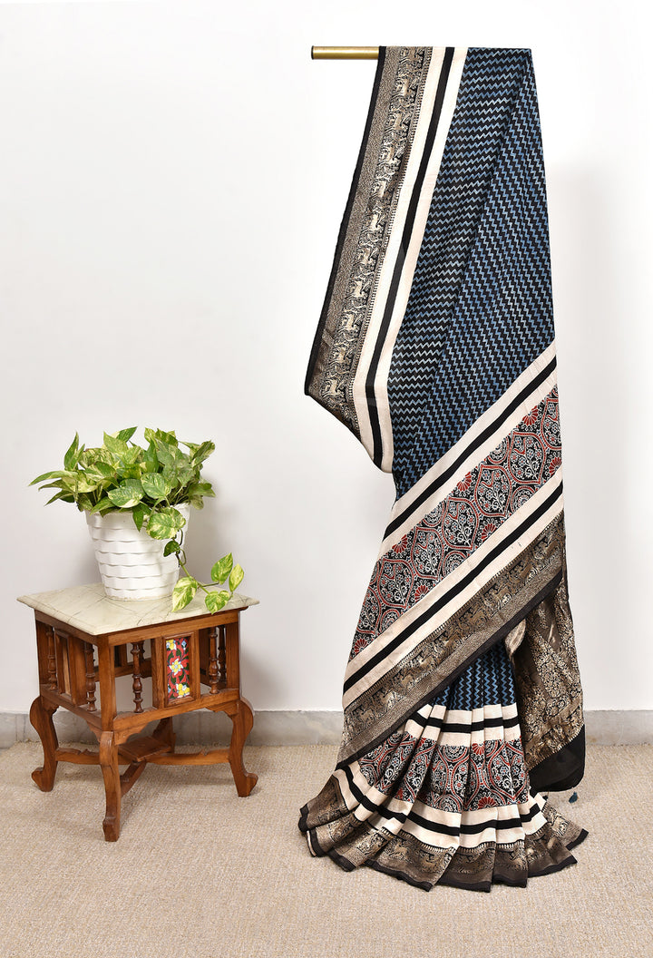 PARLIKA : AJRAKH DOLA SILK SAREE WITH NAKSHI ZARI PALLU