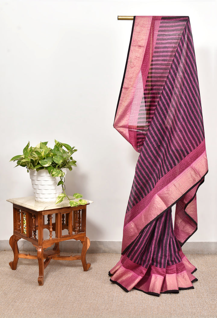 PRAKSHTA  : BAGH HANDBLOCK HANDWOVEN MAHESHWARI COTTON SILK SAREE WITH GOLD ZARI BORDER