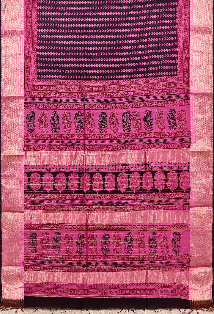 PRAKSHTA  : BAGH HANDBLOCK HANDWOVEN MAHESHWARI COTTON SILK SAREE WITH GOLD ZARI BORDER