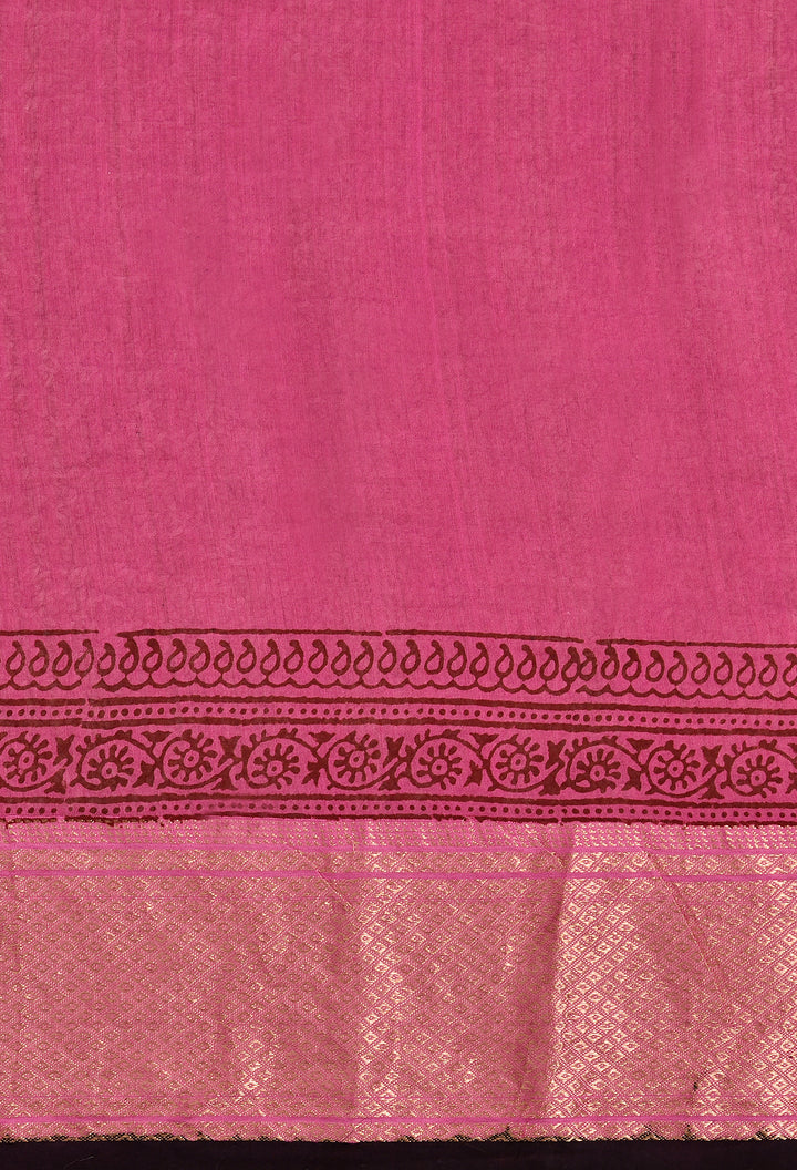 PRAKSHTA  : BAGH HANDBLOCK HANDWOVEN MAHESHWARI COTTON SILK SAREE WITH GOLD ZARI BORDER