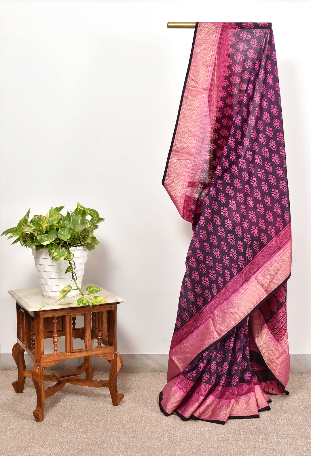 NIRVANA : BAGH HANDBLOCK HANDWOVEN MAHESHWARI COTTON SILK SAREE WITH GOLD ZARI BORDER