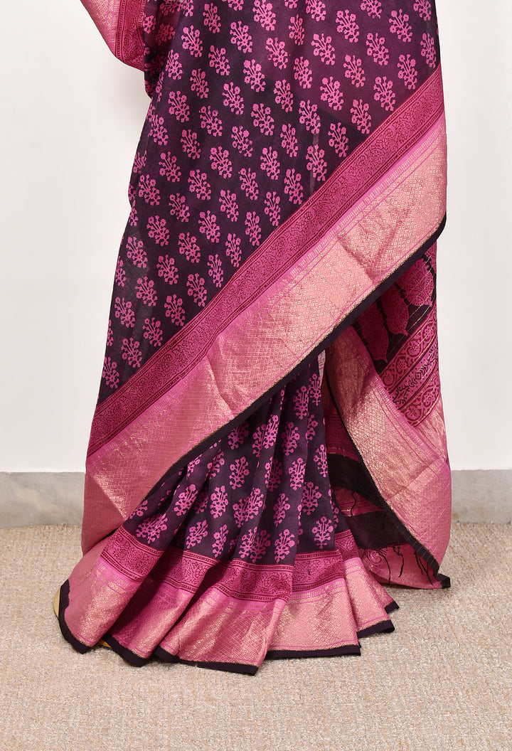 NIRVANA : BAGH HANDBLOCK HANDWOVEN MAHESHWARI COTTON SILK SAREE WITH GOLD ZARI BORDER