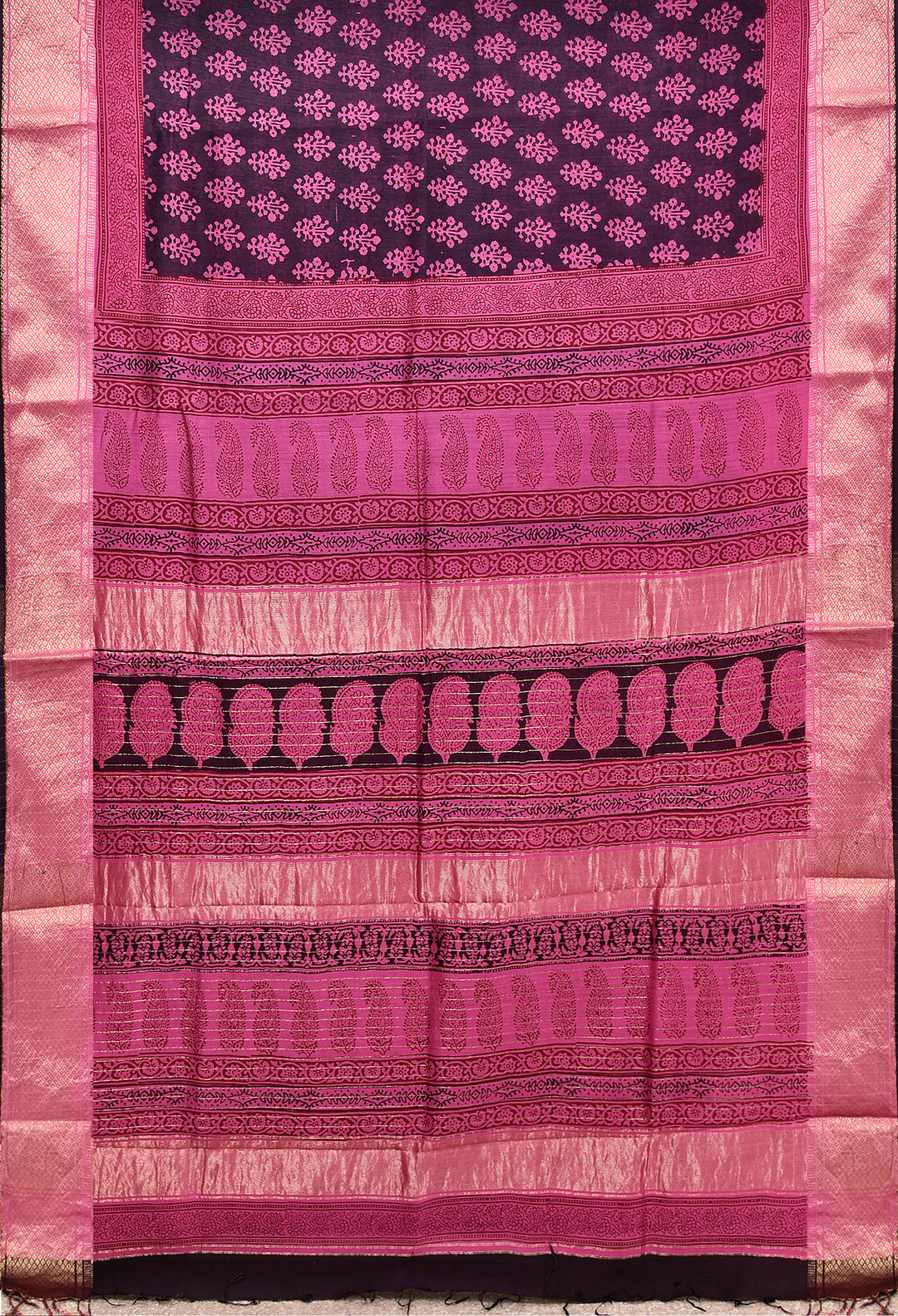 NIRVANA : BAGH HANDBLOCK HANDWOVEN MAHESHWARI COTTON SILK SAREE WITH GOLD ZARI BORDER