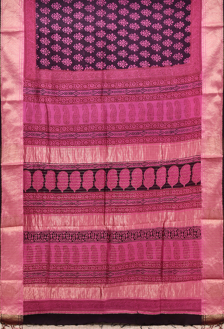 NIRVANA : BAGH HANDBLOCK HANDWOVEN MAHESHWARI COTTON SILK SAREE WITH GOLD ZARI BORDER