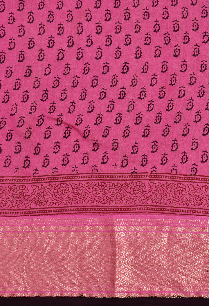 NIRVANA : BAGH HANDBLOCK HANDWOVEN MAHESHWARI COTTON SILK SAREE WITH GOLD ZARI BORDER