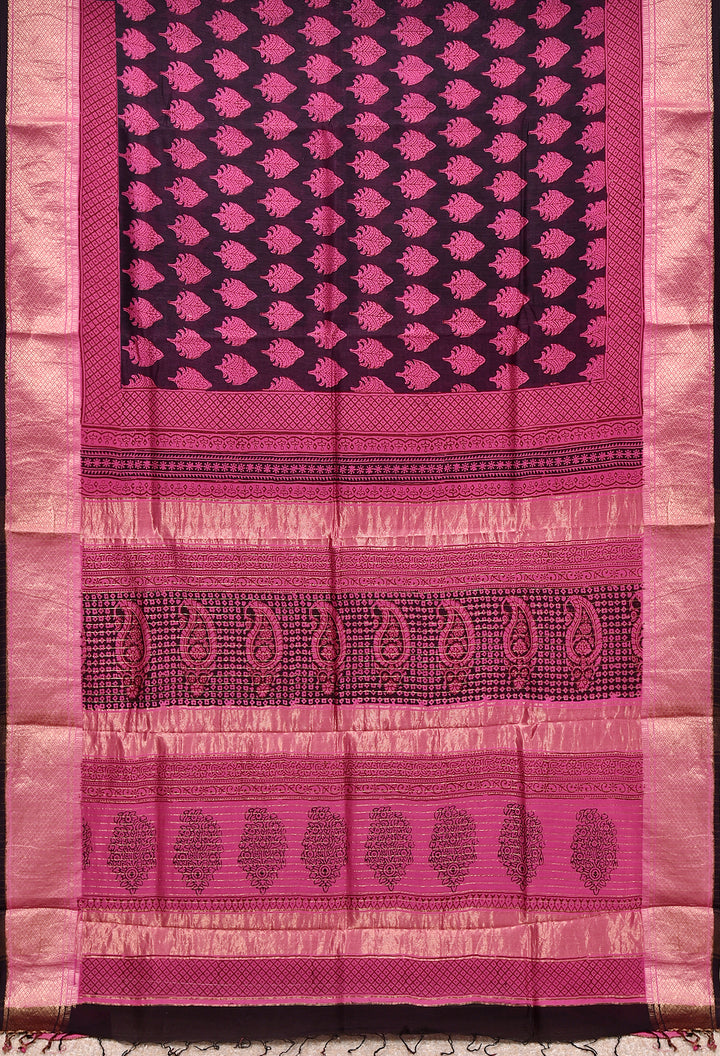 BODHI : BAGH HANDBLOCK HANDWOVEN MAHESHWARI COTTON SILK SAREE WITH GOLD ZARI BORDER