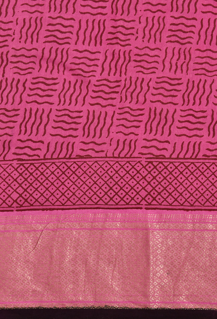 BODHI : BAGH HANDBLOCK HANDWOVEN MAHESHWARI COTTON SILK SAREE WITH GOLD ZARI BORDER