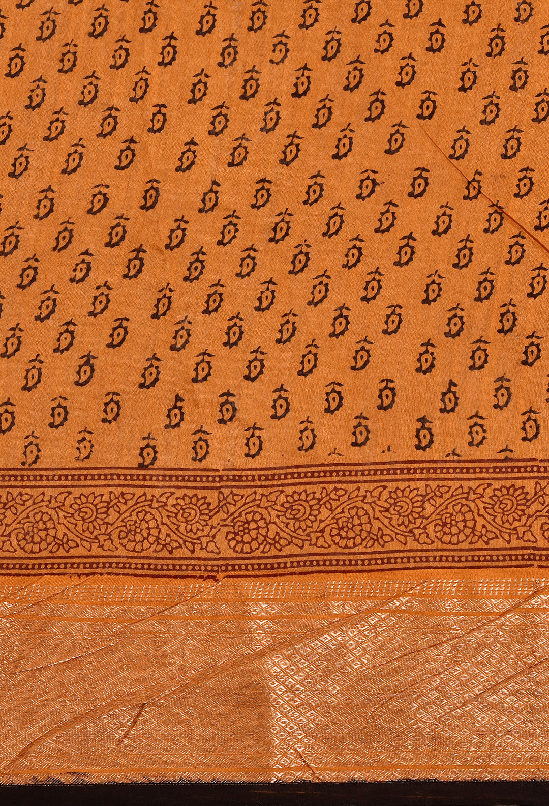 VEDIC : BAGH HANDBLOCK HANDWOVEN MAHESHWARI COTTON SILK SAREE WITH GOLD ZARI BORDER
