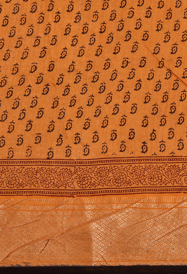 VEDIC : BAGH HANDBLOCK HANDWOVEN MAHESHWARI COTTON SILK SAREE WITH GOLD ZARI BORDER