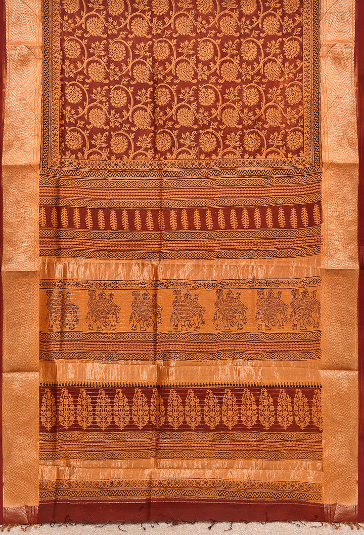 RUSHIR : BAGH HANDBLOCK HANDWOVEN MAHESHWARI COTTON SILK SAREE WITH GOLD ZARI BORDER