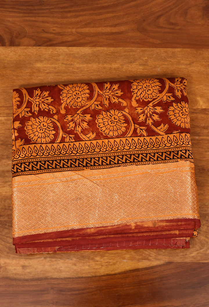 RUSHIR : BAGH HANDBLOCK HANDWOVEN MAHESHWARI COTTON SILK SAREE WITH GOLD ZARI BORDER