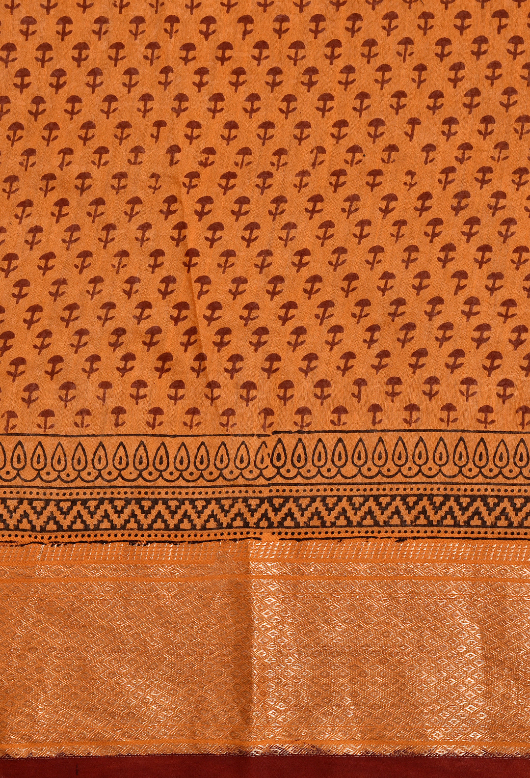 RUSHIR : BAGH HANDBLOCK HANDWOVEN MAHESHWARI COTTON SILK SAREE WITH GOLD ZARI BORDER