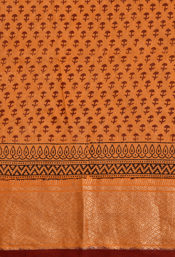 RUSHIR : BAGH HANDBLOCK HANDWOVEN MAHESHWARI COTTON SILK SAREE WITH GOLD ZARI BORDER