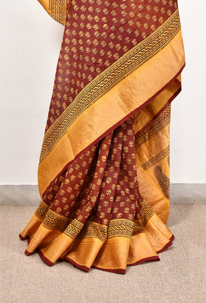 ZENDIYA : BAGH HANDBLOCK HANDWOVEN MAHESHWARI COTTON SILK SAREE WITH GOLD ZARI BORDER