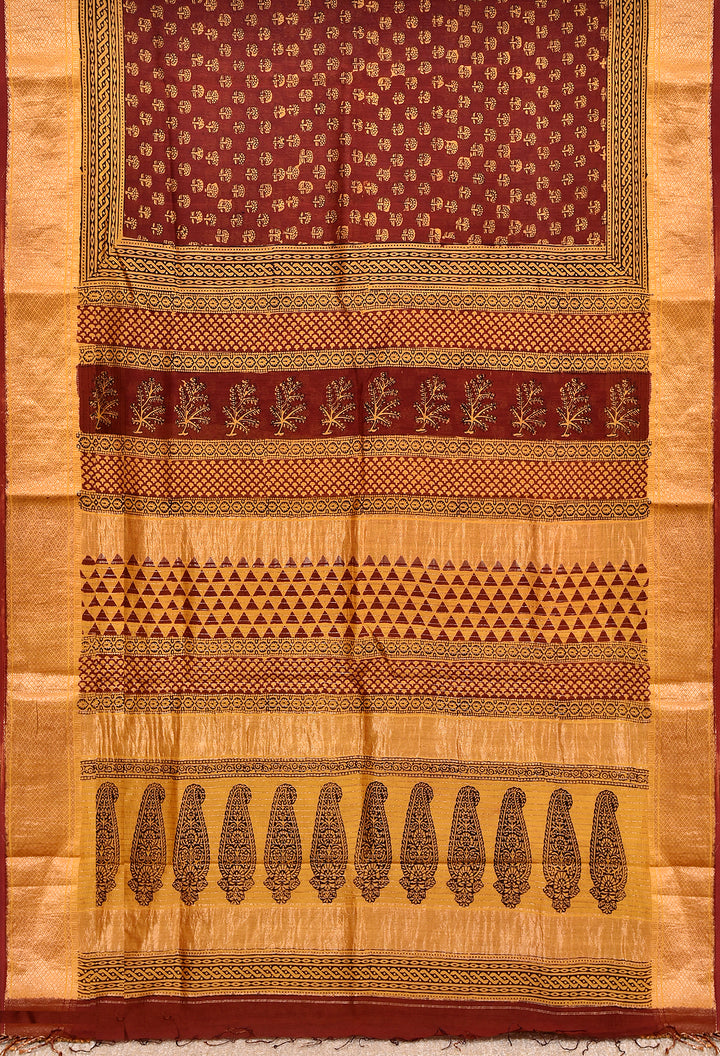 ZENDIYA : BAGH HANDBLOCK HANDWOVEN MAHESHWARI COTTON SILK SAREE WITH GOLD ZARI BORDER